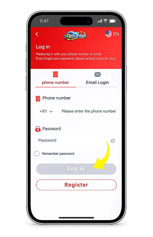 82 Lottery app login screen with phone number and password fields