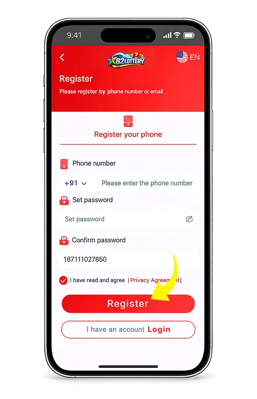 82 Lottery app registration screen with phone number and password fields